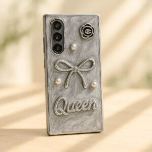 Luxury 3D Bow & Pearl Case – Glam Marble Phone Cover with Queen Badge